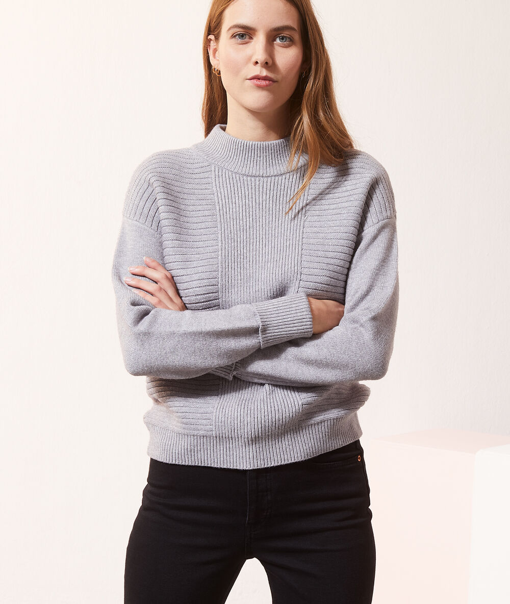 High neck jumper in a maxi knit light grey marl.
