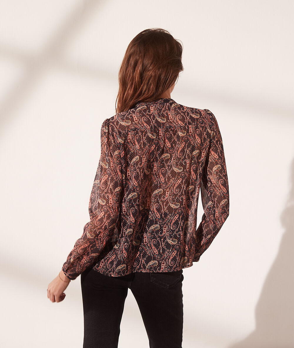 Chemise transparente imprim&eacute; cachemire noir.