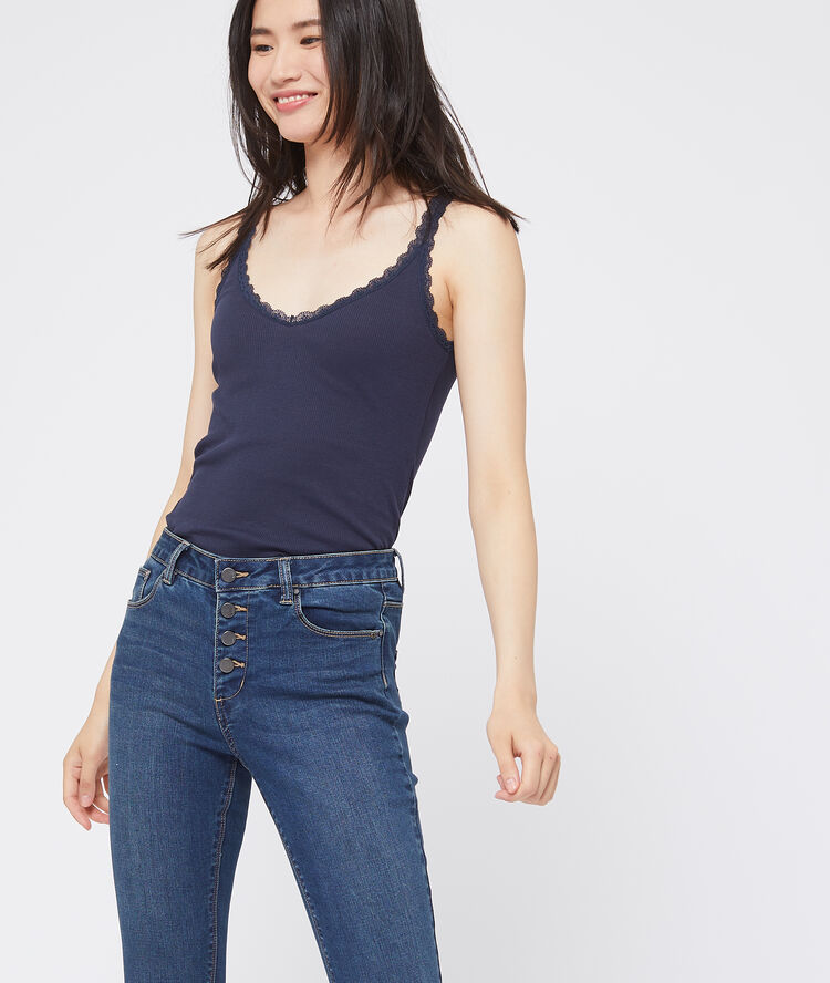 Rib tank with guipure neckline navy.