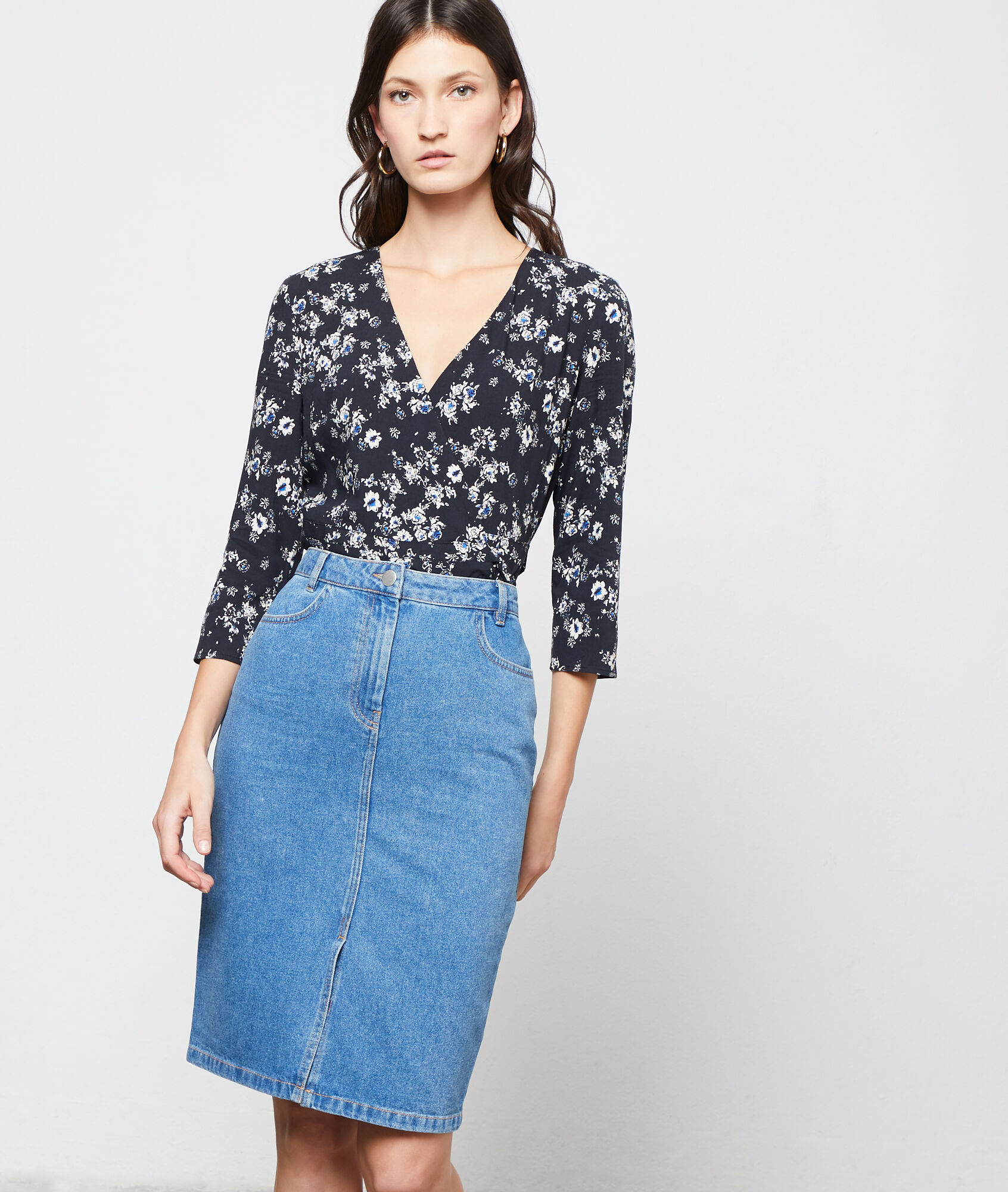 blue midi denim skirt