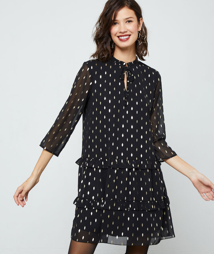 Dress with lining in feathers print black.