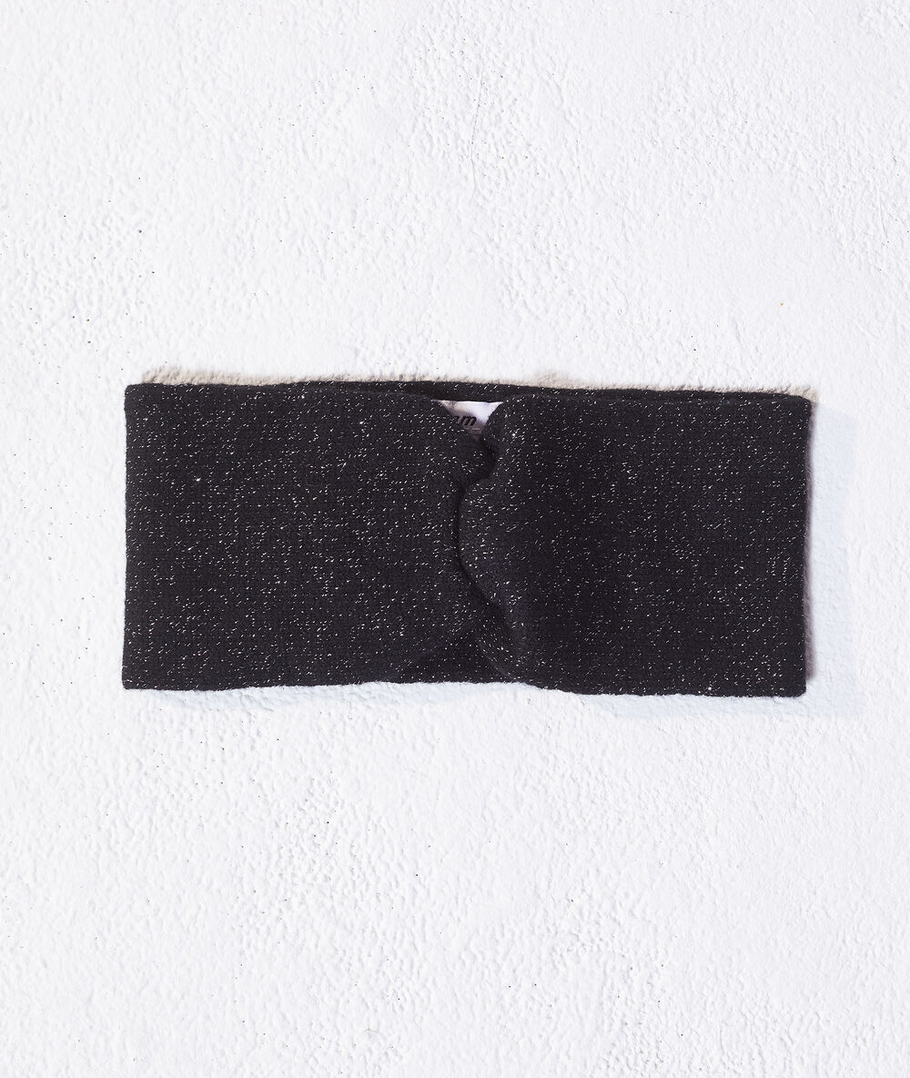 Headband &agrave; fils m&eacute;tallis&eacute;s en cachemire et laine noir.