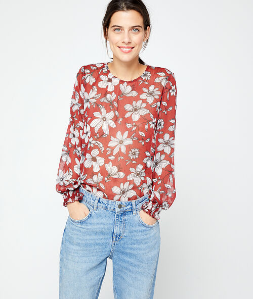 Blouse fleurie effet transparent rouille.
