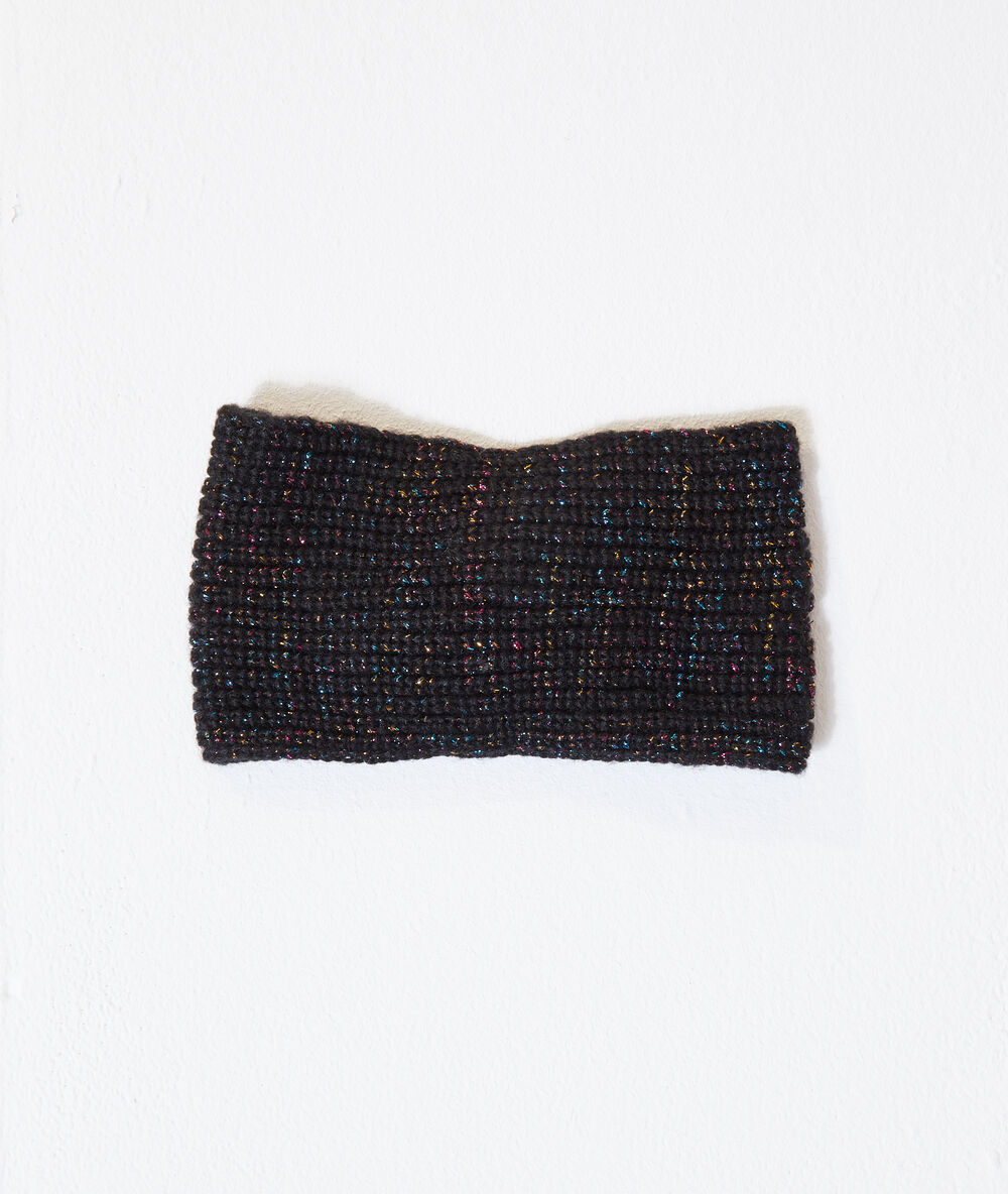 Headband in a metallic thread knit black.
