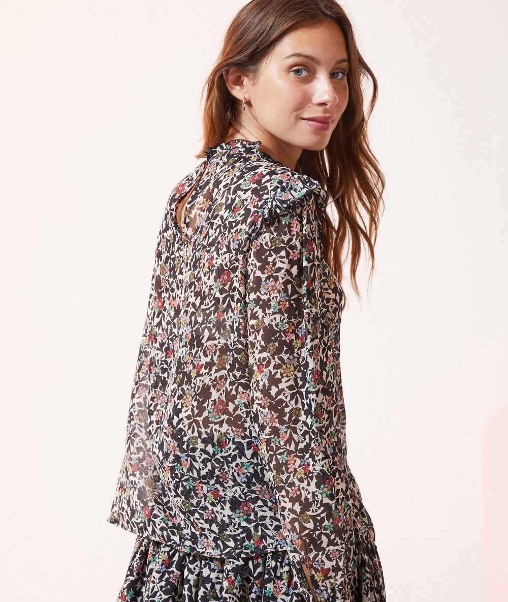 Blouse imprim&eacute; fleuri noir.