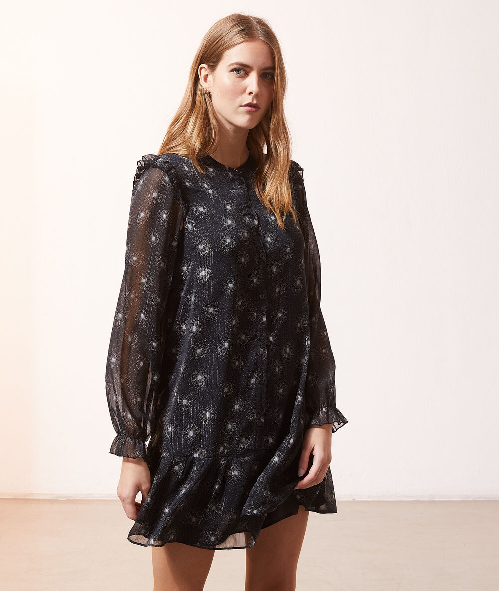 Robe fluide imprim&eacute;e manches ballon noir.