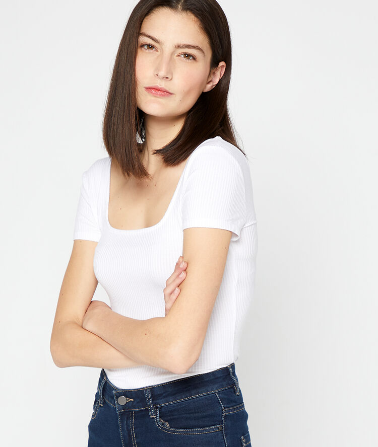 Ribbed top with low cut back white.