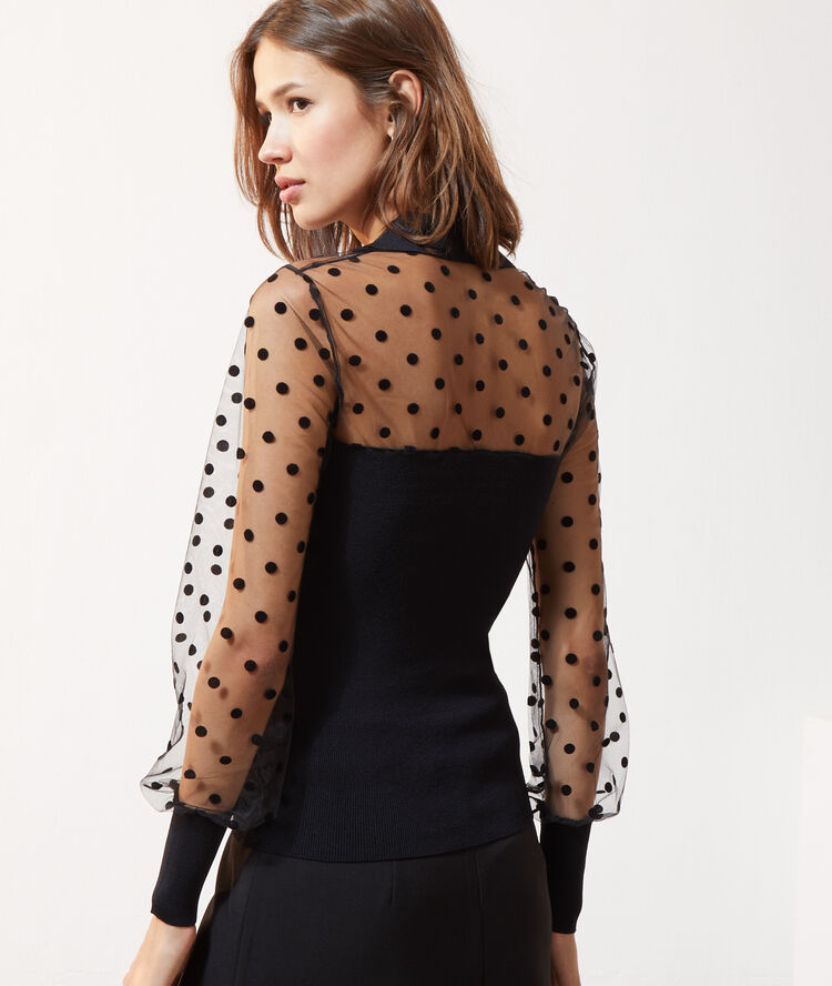 Top manches transparentes &agrave; pois noir.