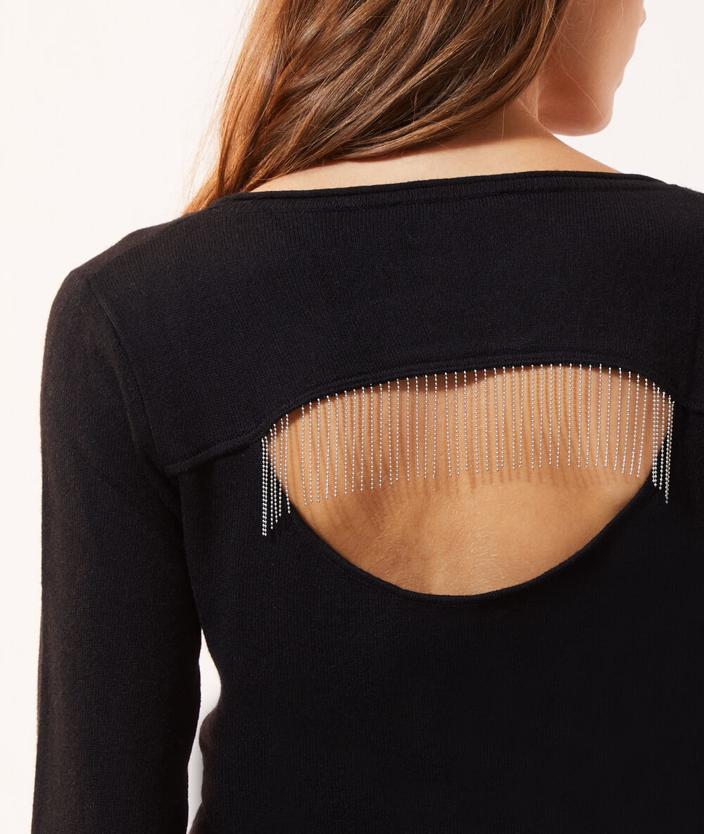 Pull dos ouvert frang&eacute; noir.