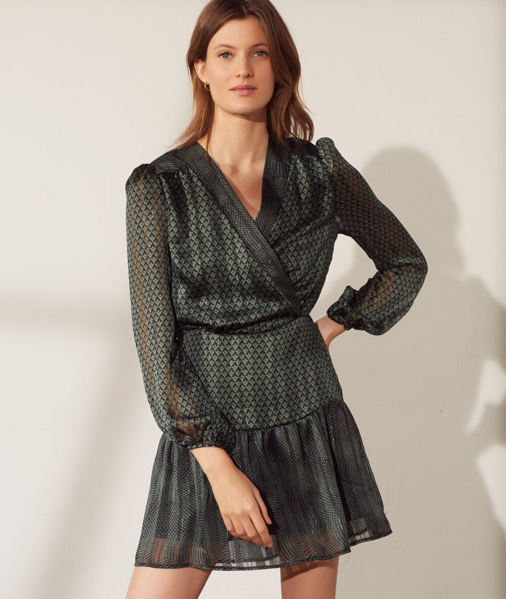 Robe cache-c&oelig;ur imprim&eacute; g&eacute;om&eacute;trique noir.