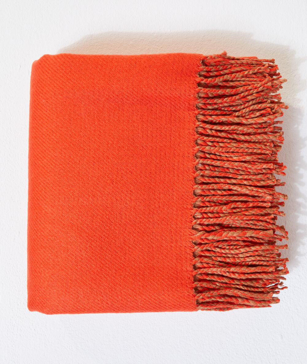 Echarpe plaid bicolore &agrave; franges orange.