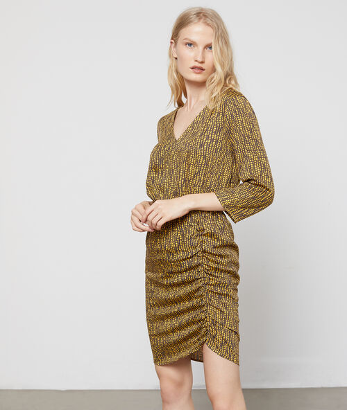 Botanical print shirred dress yellow curry.