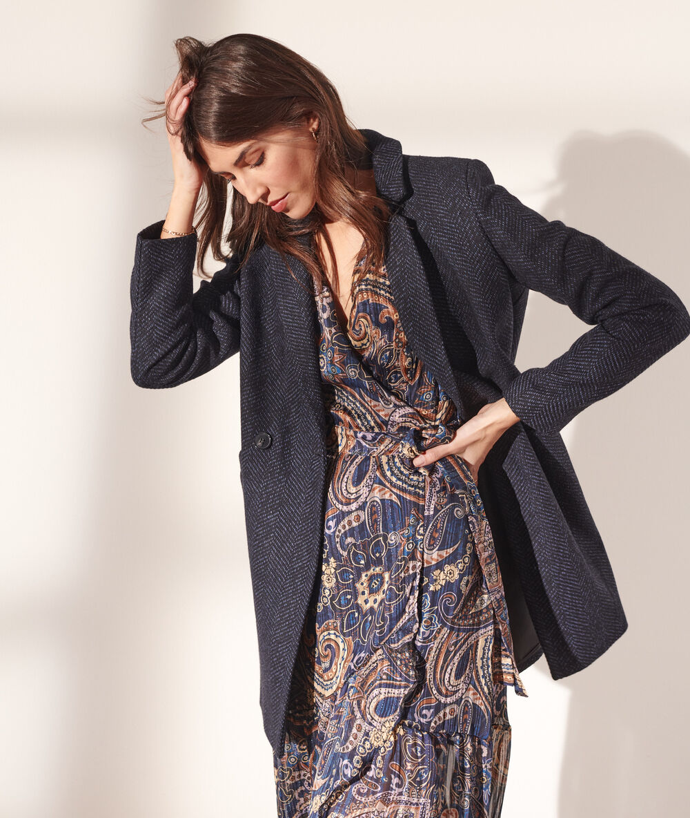 Manteau droit en laine m&eacute;lang&eacute;e marine.