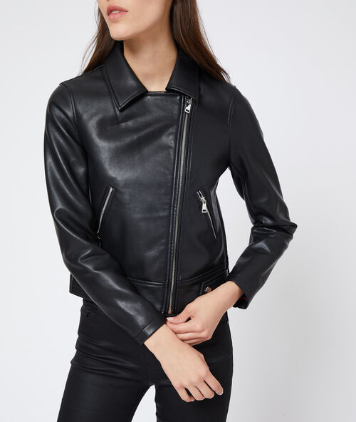 Leather look biker jacket black.