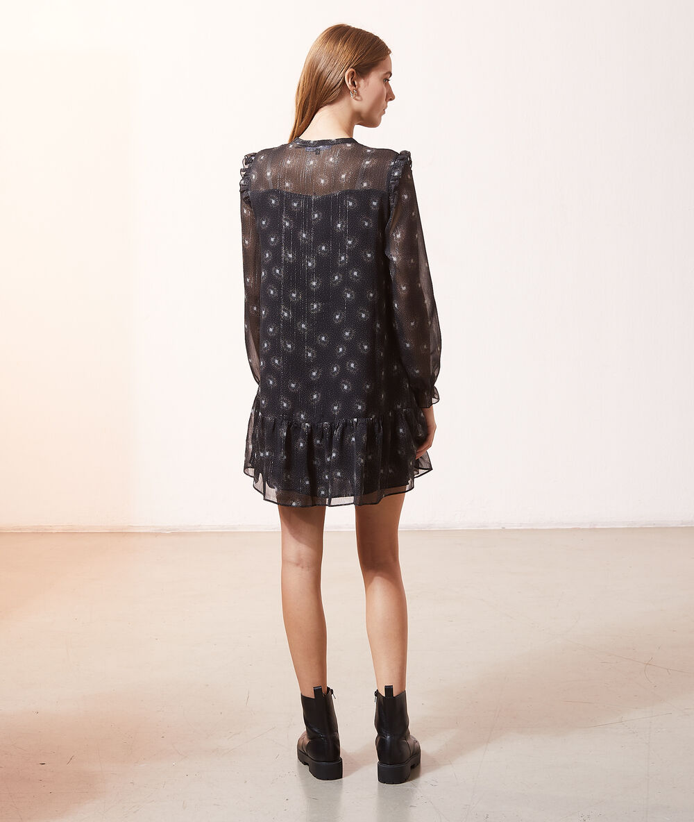 Robe fluide imprim&eacute;e manches ballon noir.