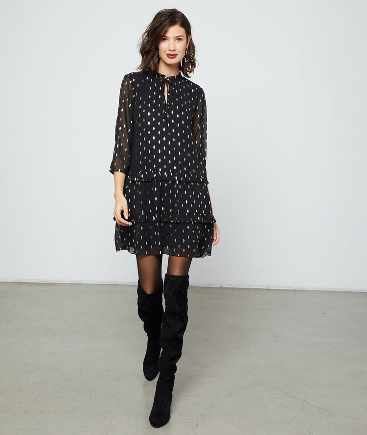Dress with lining in feathers print black.
