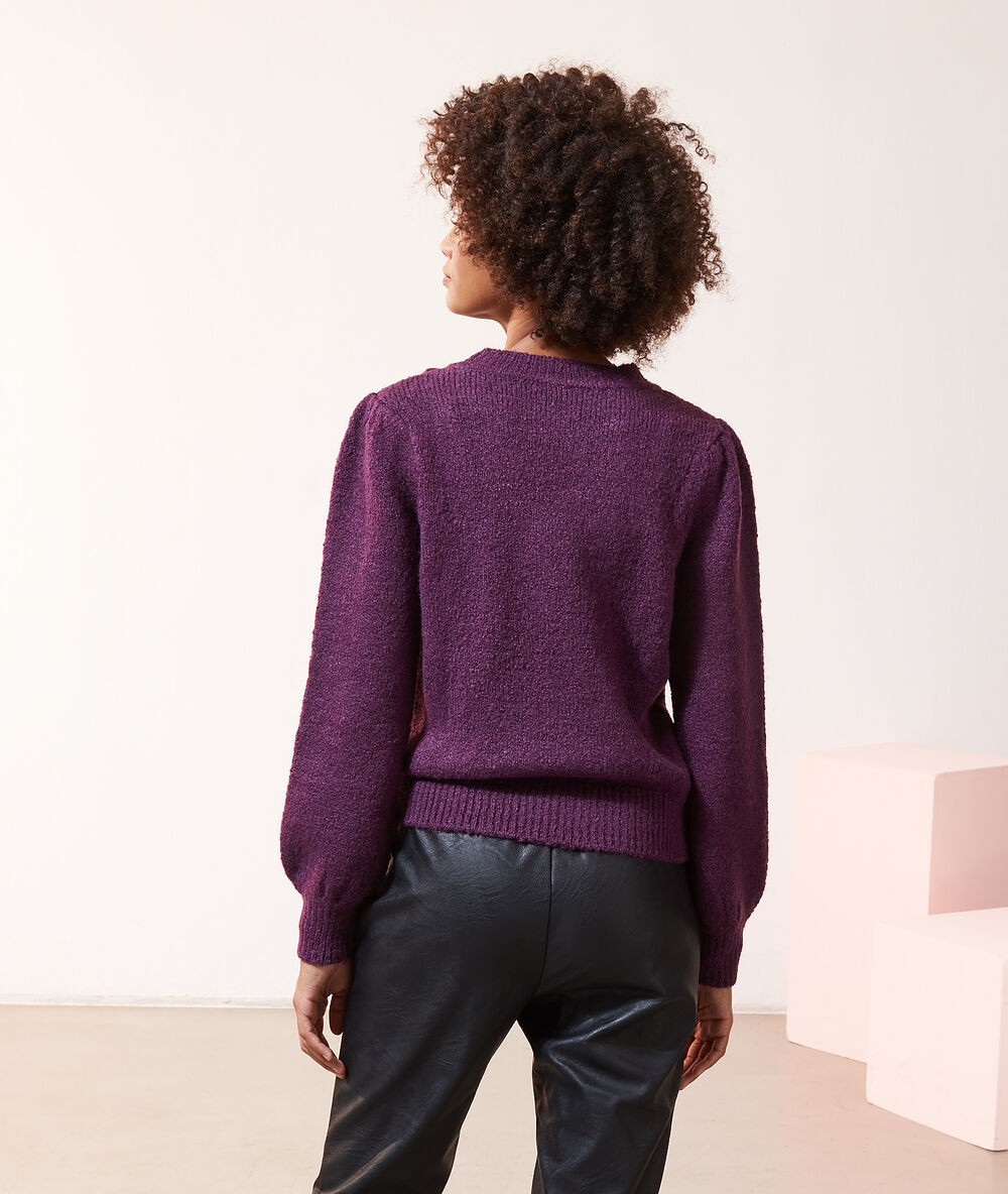 Pull torsad&eacute; manches ballon prune.