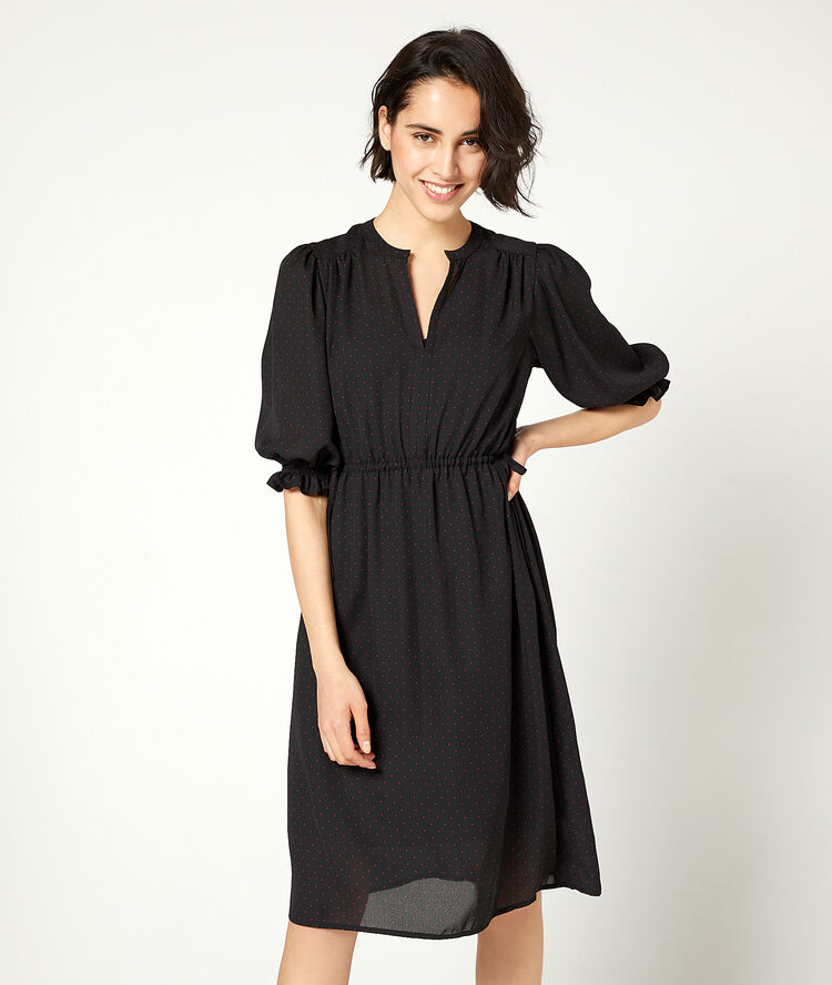 Smocked dress in dots black.