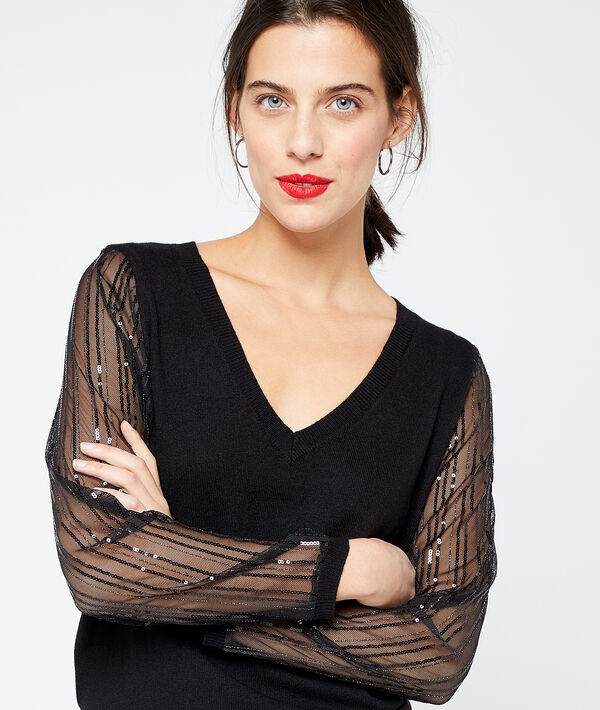 Pull à détails sequins et manches transparentes Pull à détails sequins et manches transparentes