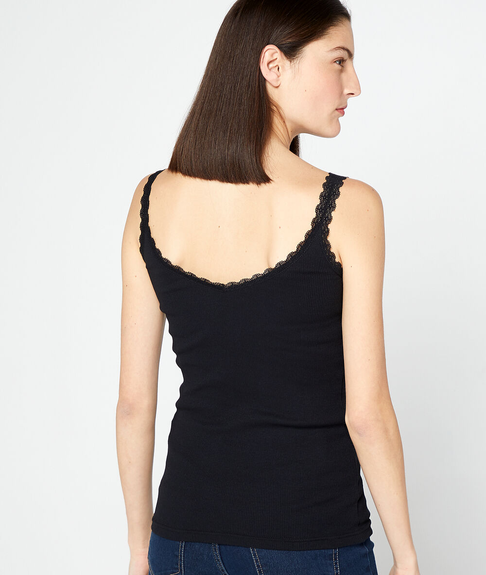 Rib tank with guipure neckline black.