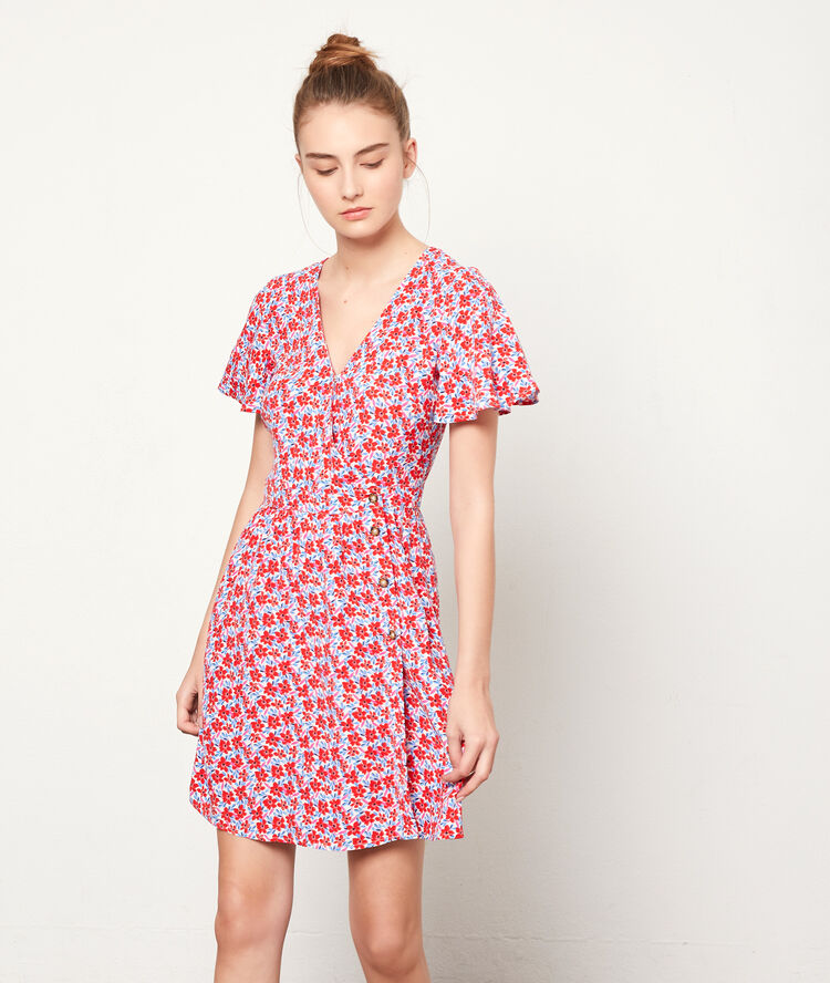 Robe imprim&eacute; fleuri &agrave; boutons geranium.