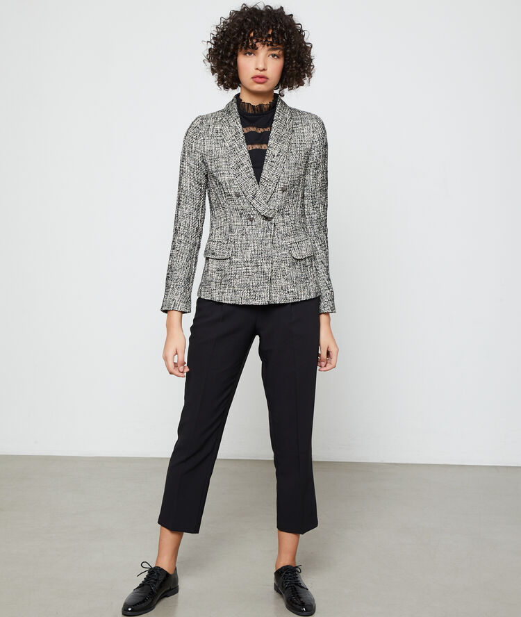 Suit jacket in a tweed look black.