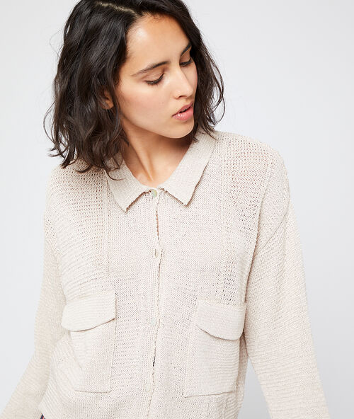 Fine knit cardigan with suit collar nude.