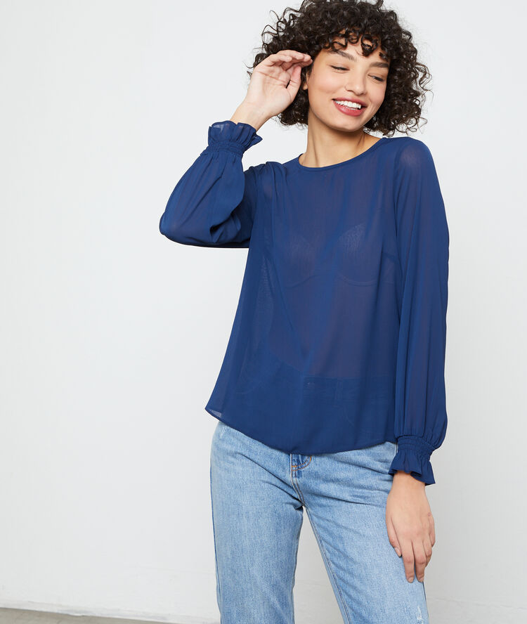 Blouse with button through back navy blue.