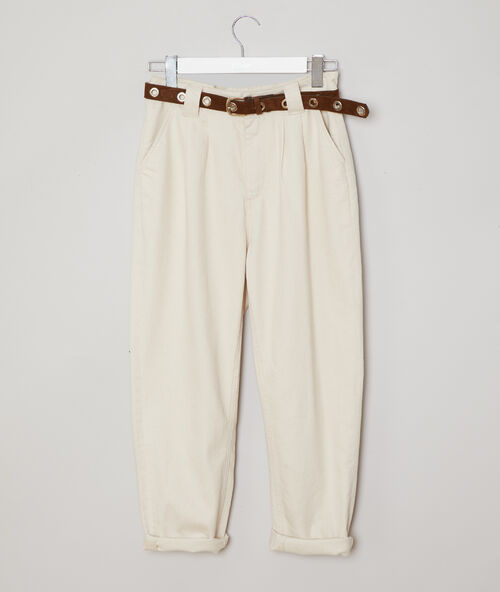 Belted paper bag trousers cream.