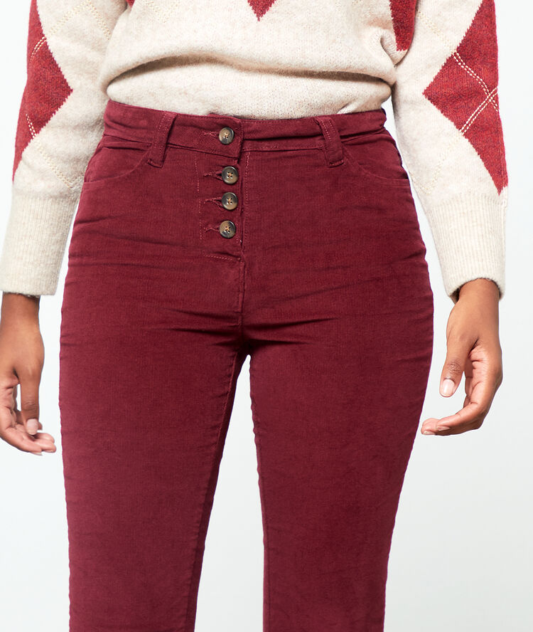 Flare trousers in velvet look burgundy.