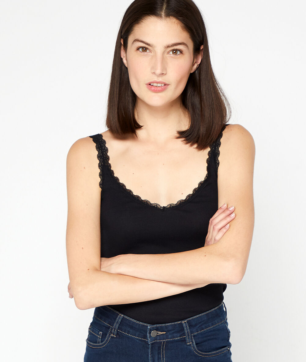 Rib tank with guipure neckline black.