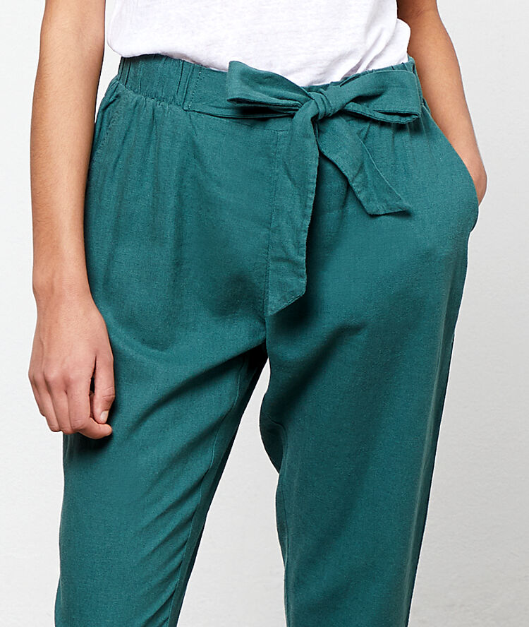 Peg trousers with tie detail peacock blue.