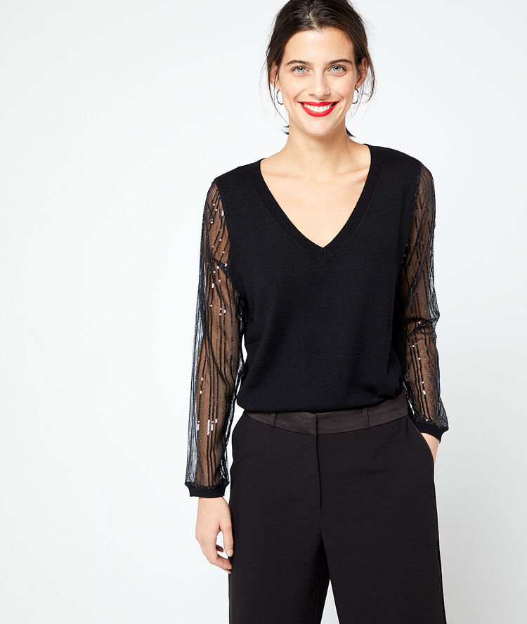 Pull à détails sequins et manches transparentes noir.