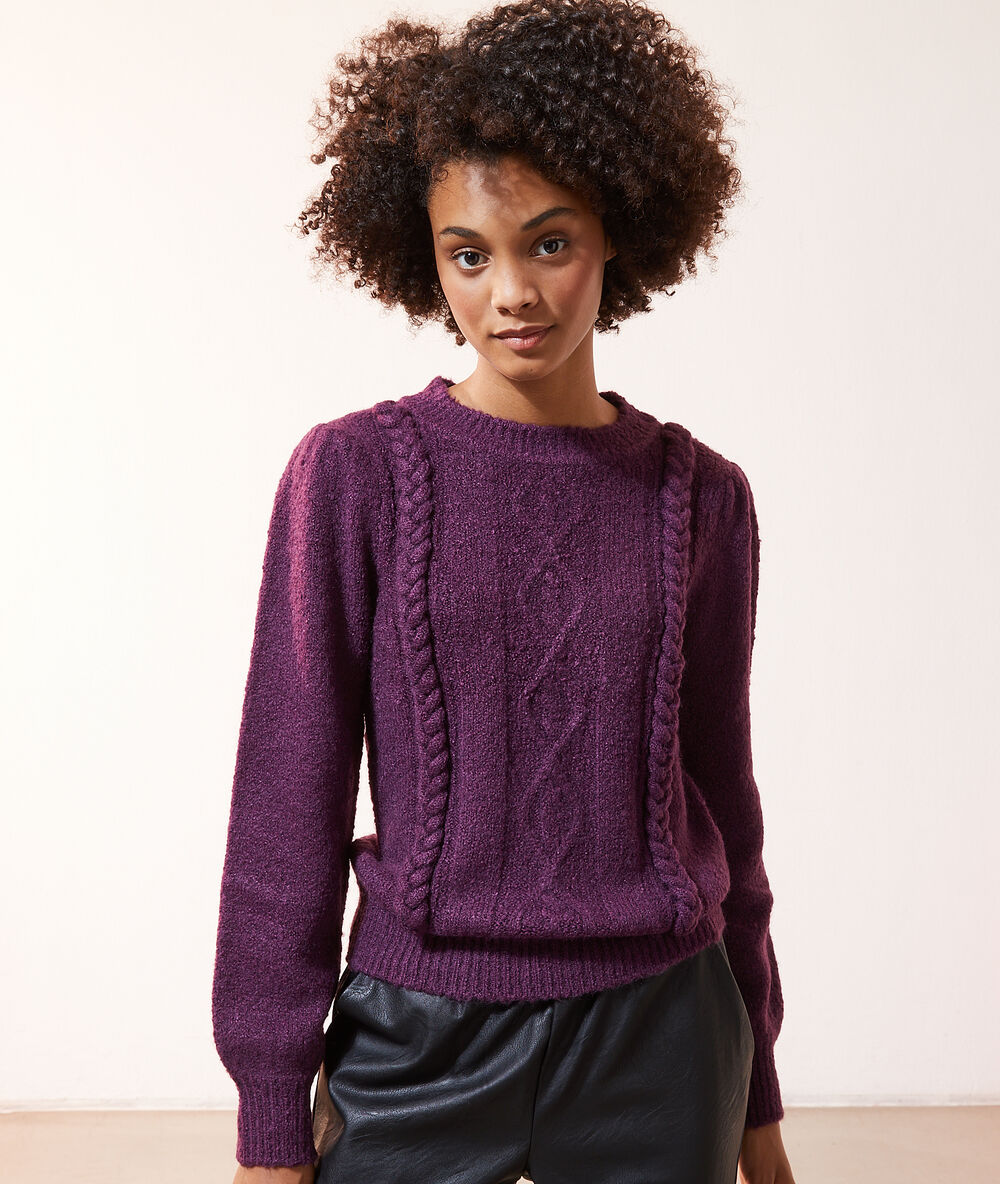 Pull torsad&eacute; manches ballon prune.