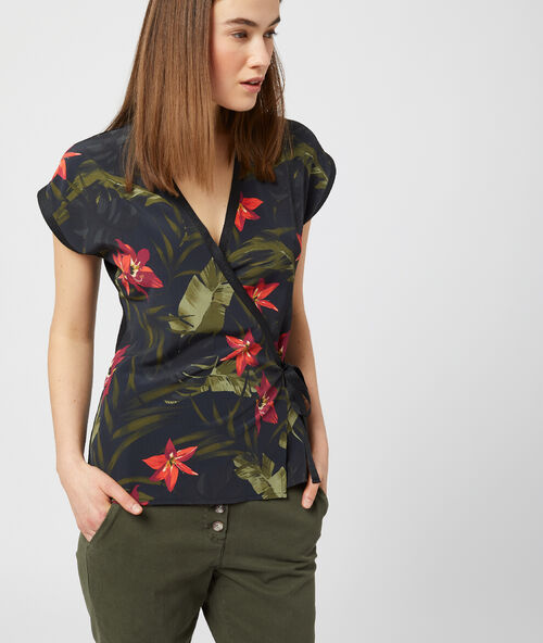 Wrap front top with tie and floral print black.