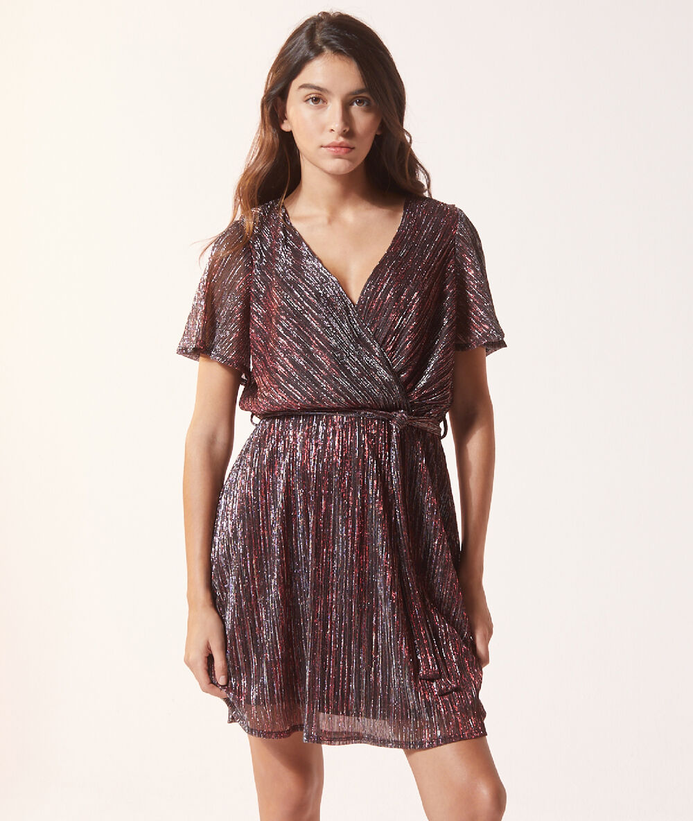 Robe cache-c&oelig;ur &agrave; fils m&eacute;tallis&eacute;s cerise.