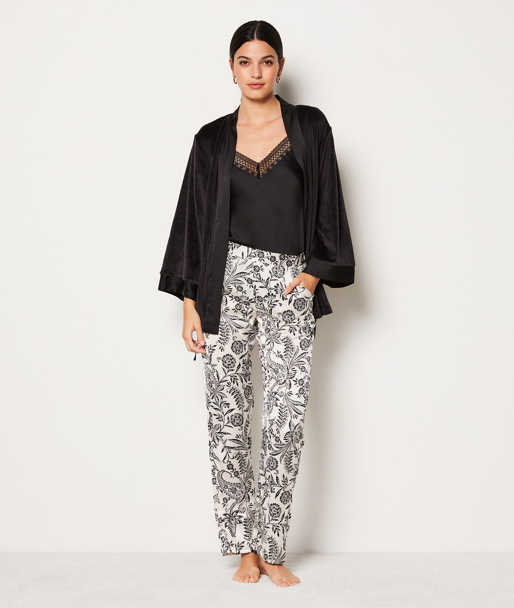 3-piece pyjama set with fleece robe and satin - BECS - NOIR - ETAM