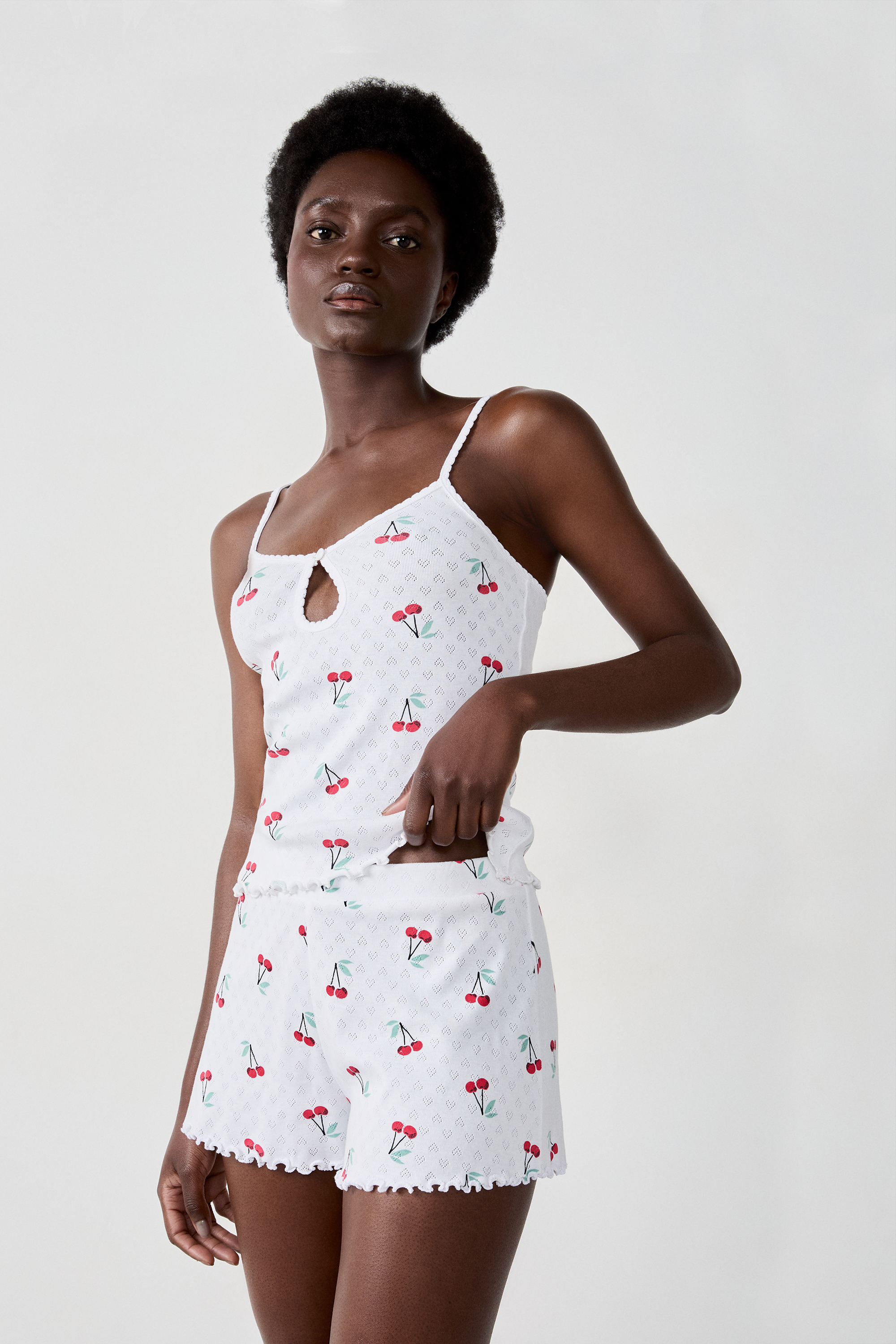 Cotton tank top with cherry print pointelle - CHERRY - BLANC - ETAM