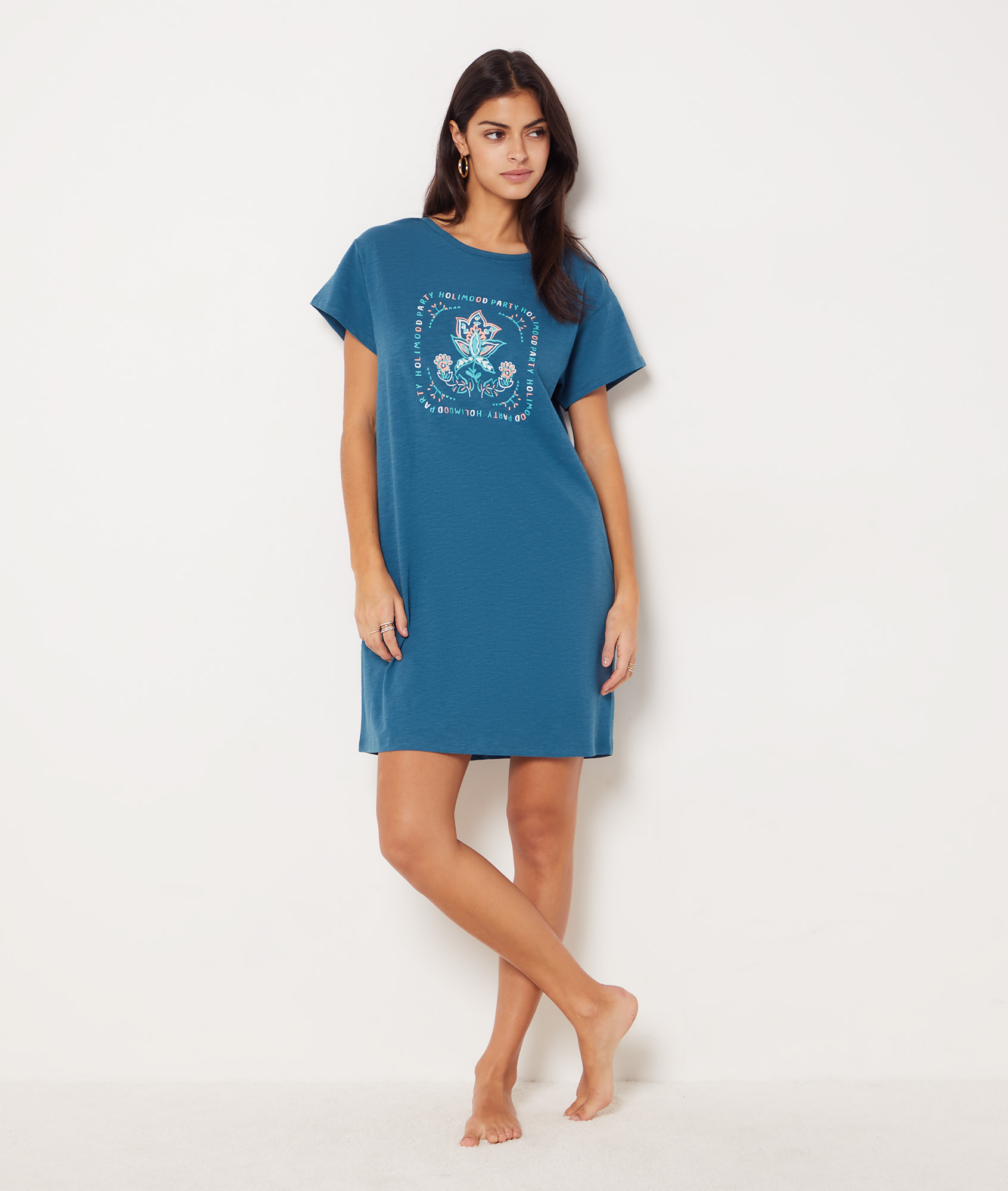 Chemise de nuit en coton Holimood Party OLA BLEU PETROLE ETAM