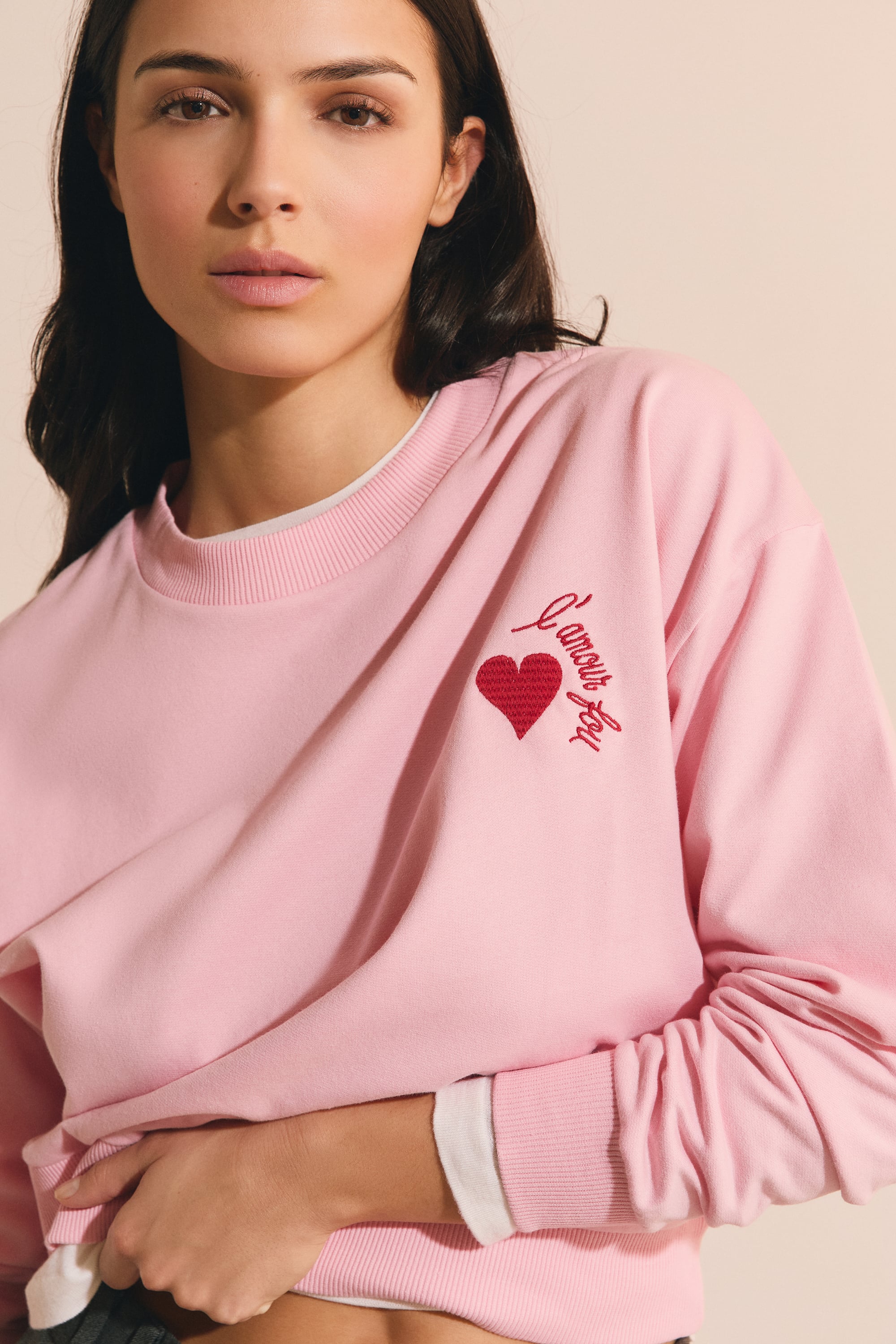 Cotton sweatshirt with heart motif - A SAMY - ROSE - ETAM