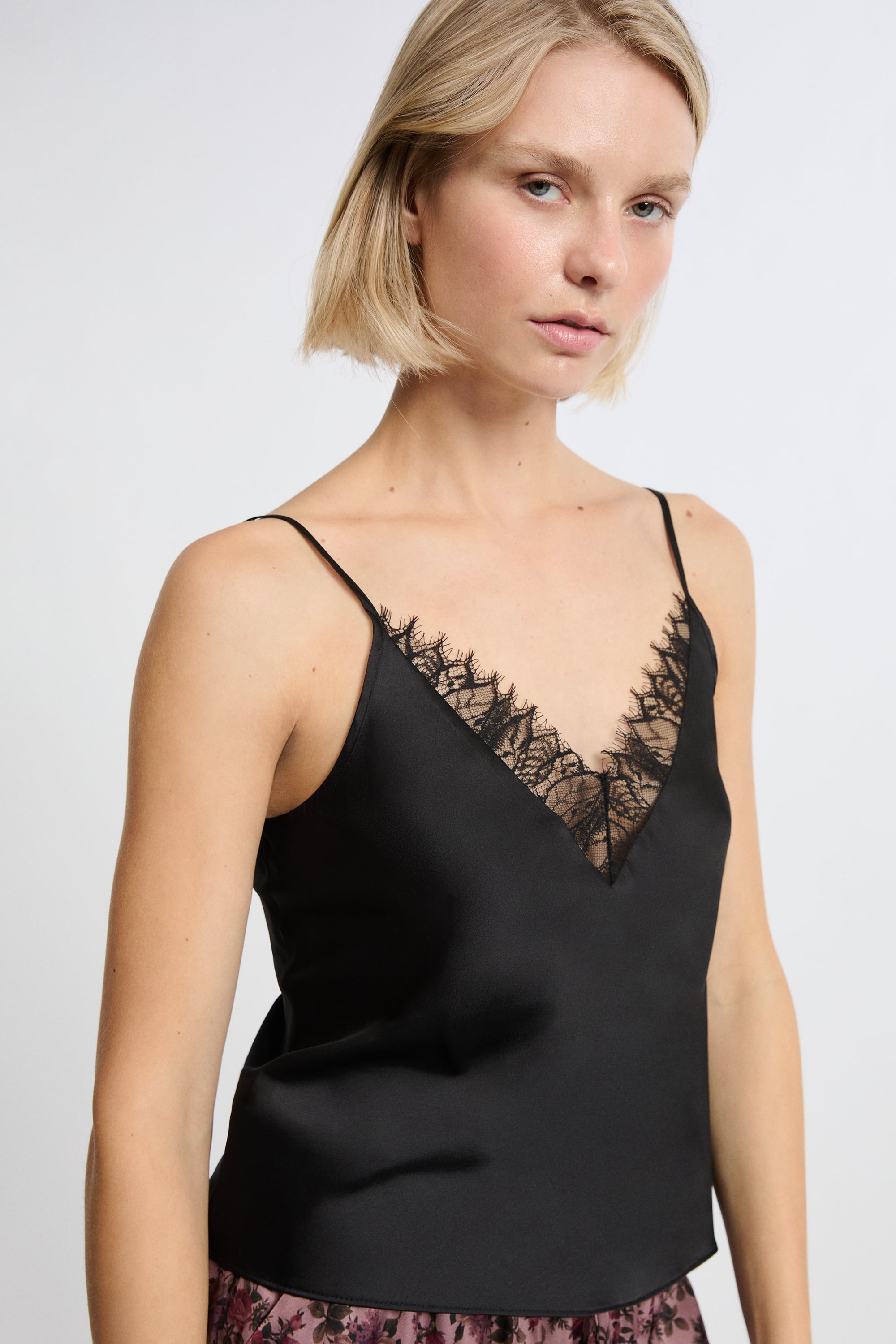 Satin Camisole with Lace - MYSTERIEUSE - NOIR - ETAM