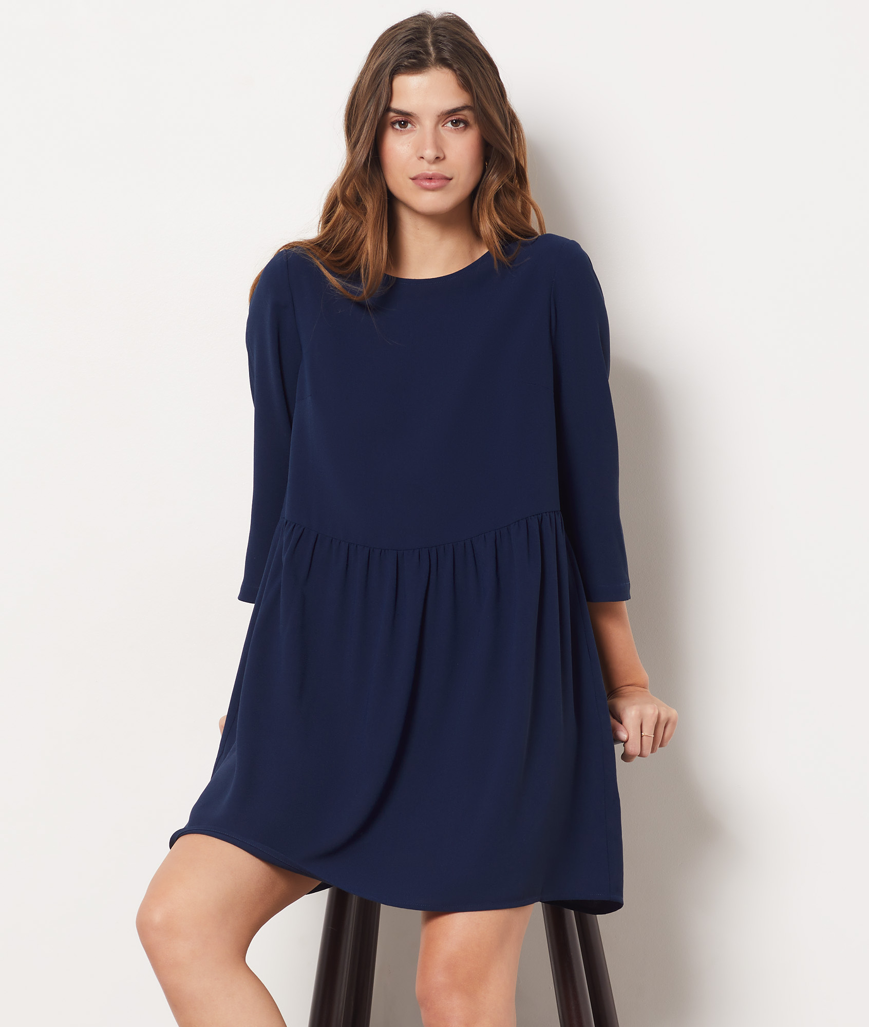 Flowy BoatNeck Flared Dress with 3/4 Sleeves RADIEUSE MARINE ETAM
