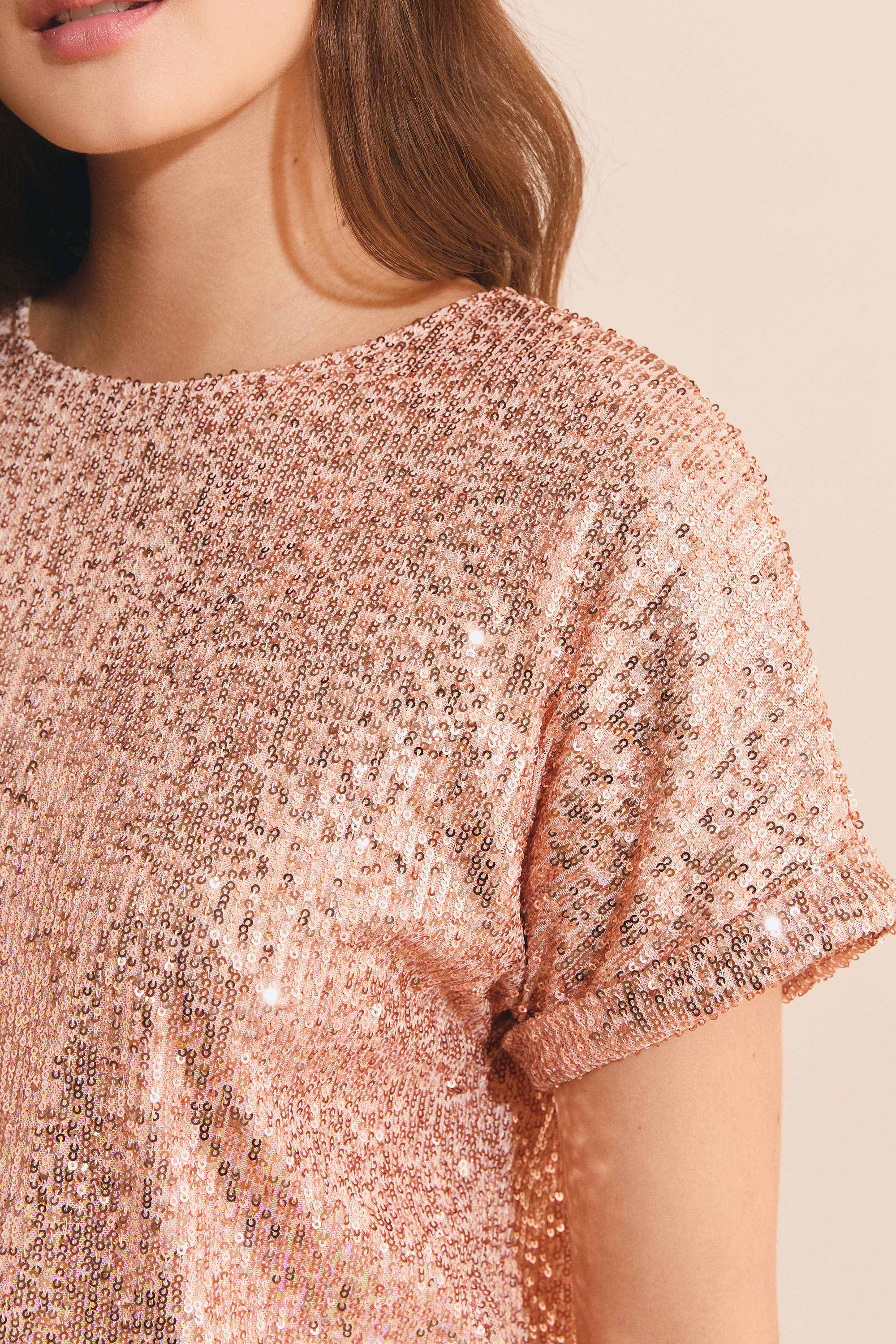 rose gold sequin t shirt dress Sequined Short-Sleeved T-Shirt - HARMONIE - SAUMON PECHE Hoco
