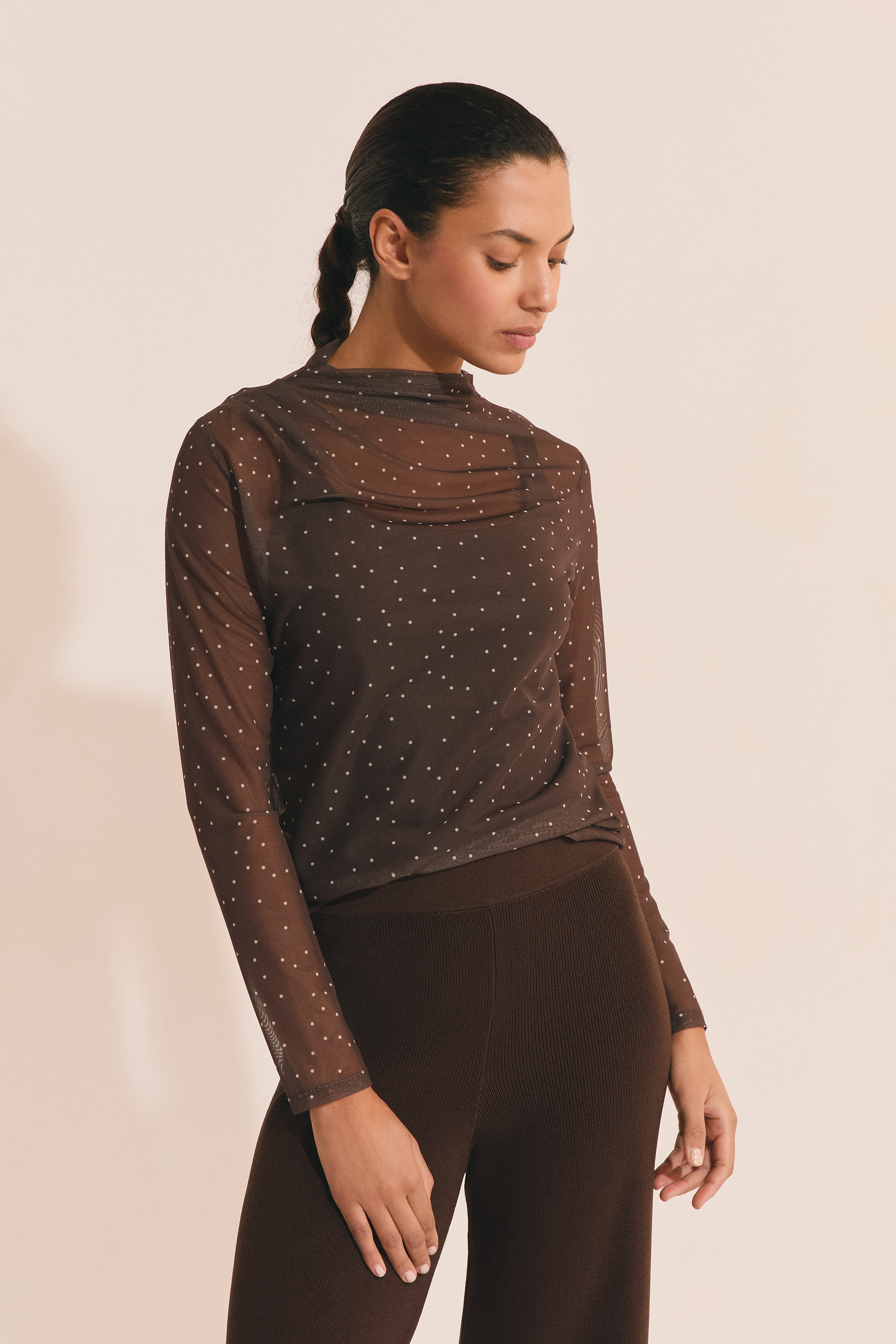 Long-sleeved T-shirt in tulle - A CAISSY - CHOCOLAT - ETAM