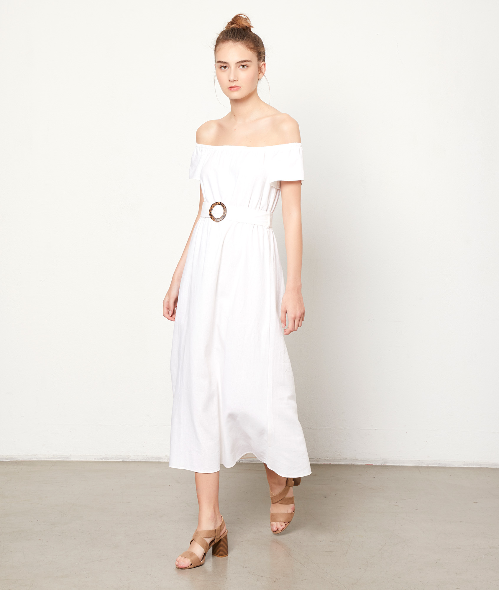 off the shoulder belted dress